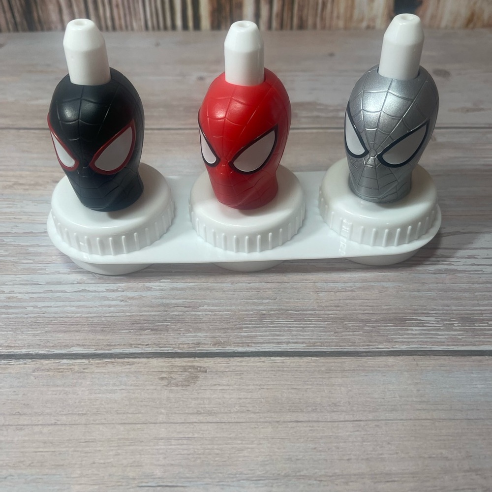 New Marvel Spider Man Black, Red, Silver Good2Grow Juice Toppers Only Set Of 3